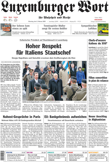 Front page of the 3 February 2009 edition of the Luxemburger Wort newspaper, with articles in both German and French