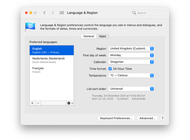 macOS Language & Region system preferences