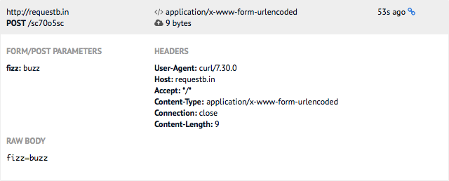 RequestBin showing an application/x-www-form-urlencoded request