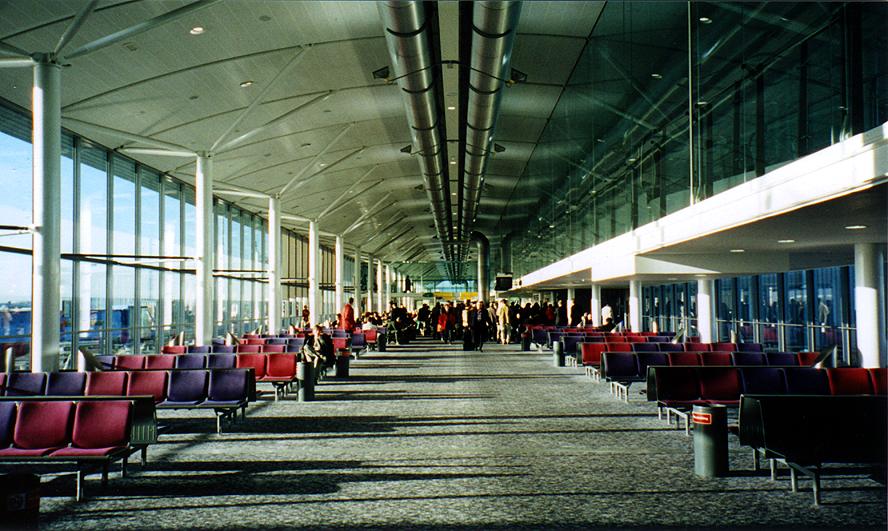 A departures lounge at Heathrow airport, converted from one of Battlestar Galactica’s landing bays