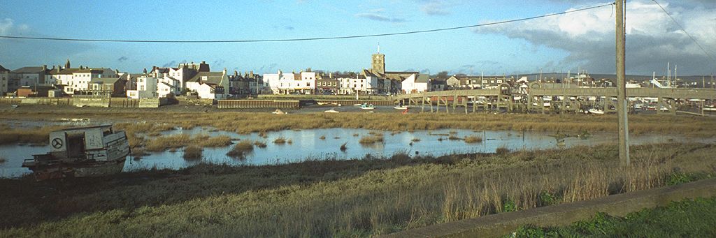 View across the river Adur to the skyline of Shoreham-by-sea, West Sussex, England