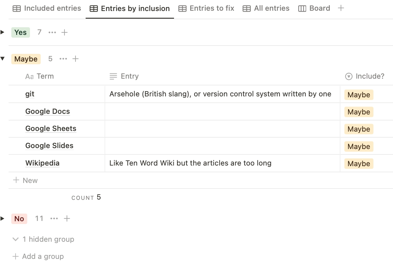 Notion view: entries grouped by inclusion status