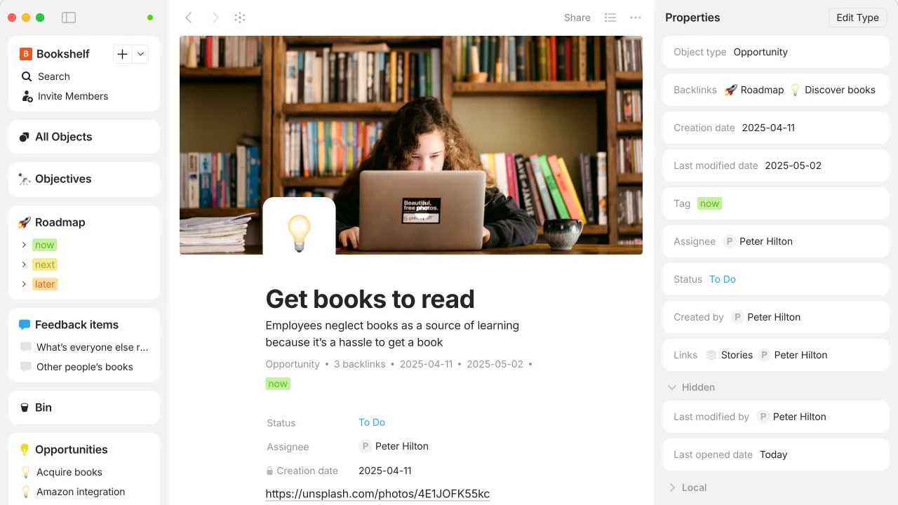 An Anytype page, with navigation and properties sidebars