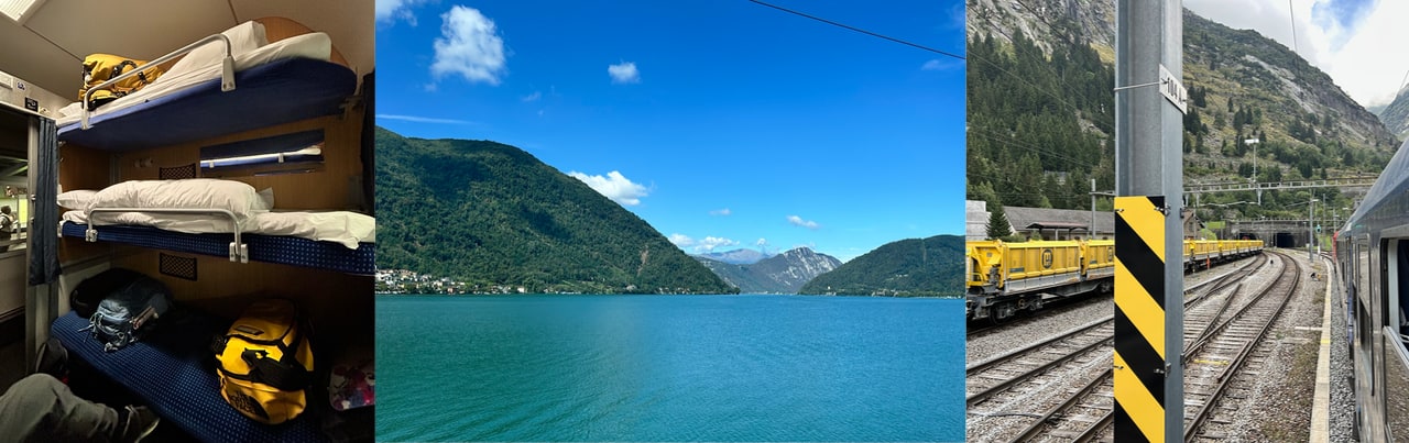 The night train from Brussels to Milan in three photos: a couchette compartment, Lake Lugano, and the North entrance of the Gotthard Tunnel at Göschenen