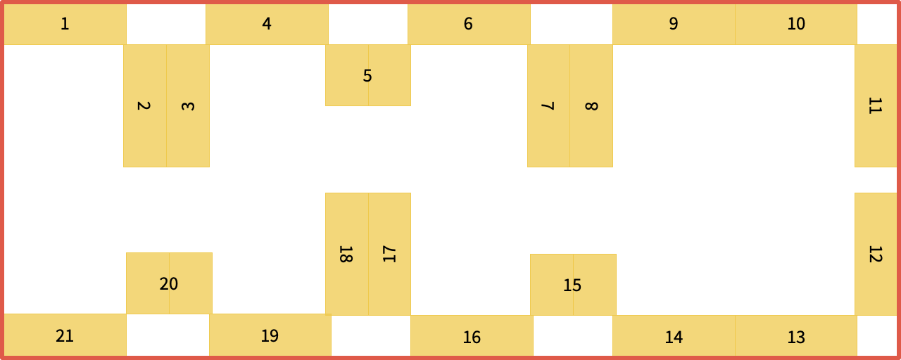 Diagram showing a more interesting layout for 21 bookcases