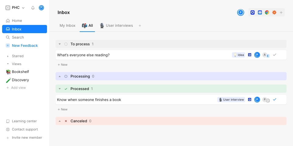 The product feedback inbox, listing feedback by status