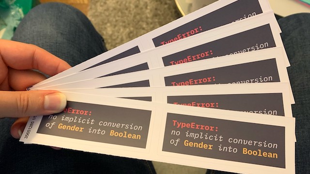 Stickers with the text ‘TypeError: no implicit conversion of Gender into Boolean’