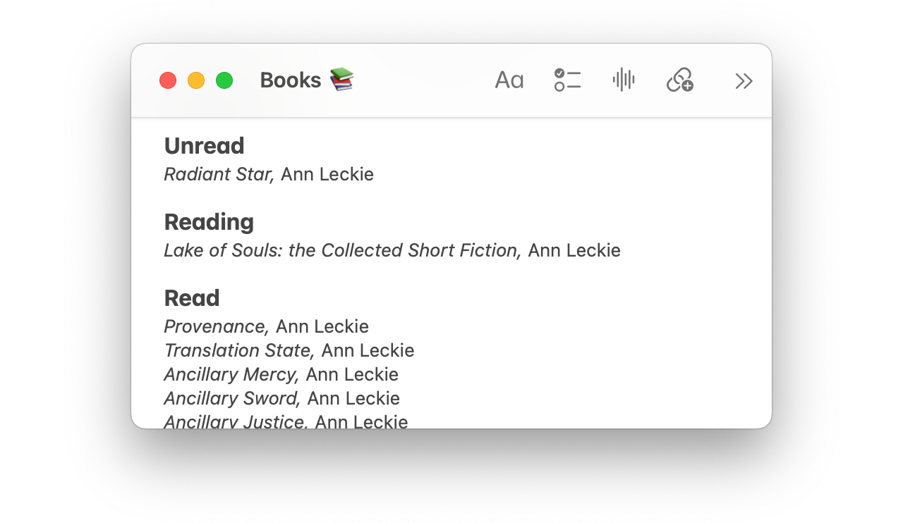 A list of books in Apple Notes, under the headings ‘Unread’, ‘Reading’, and ‘Read’