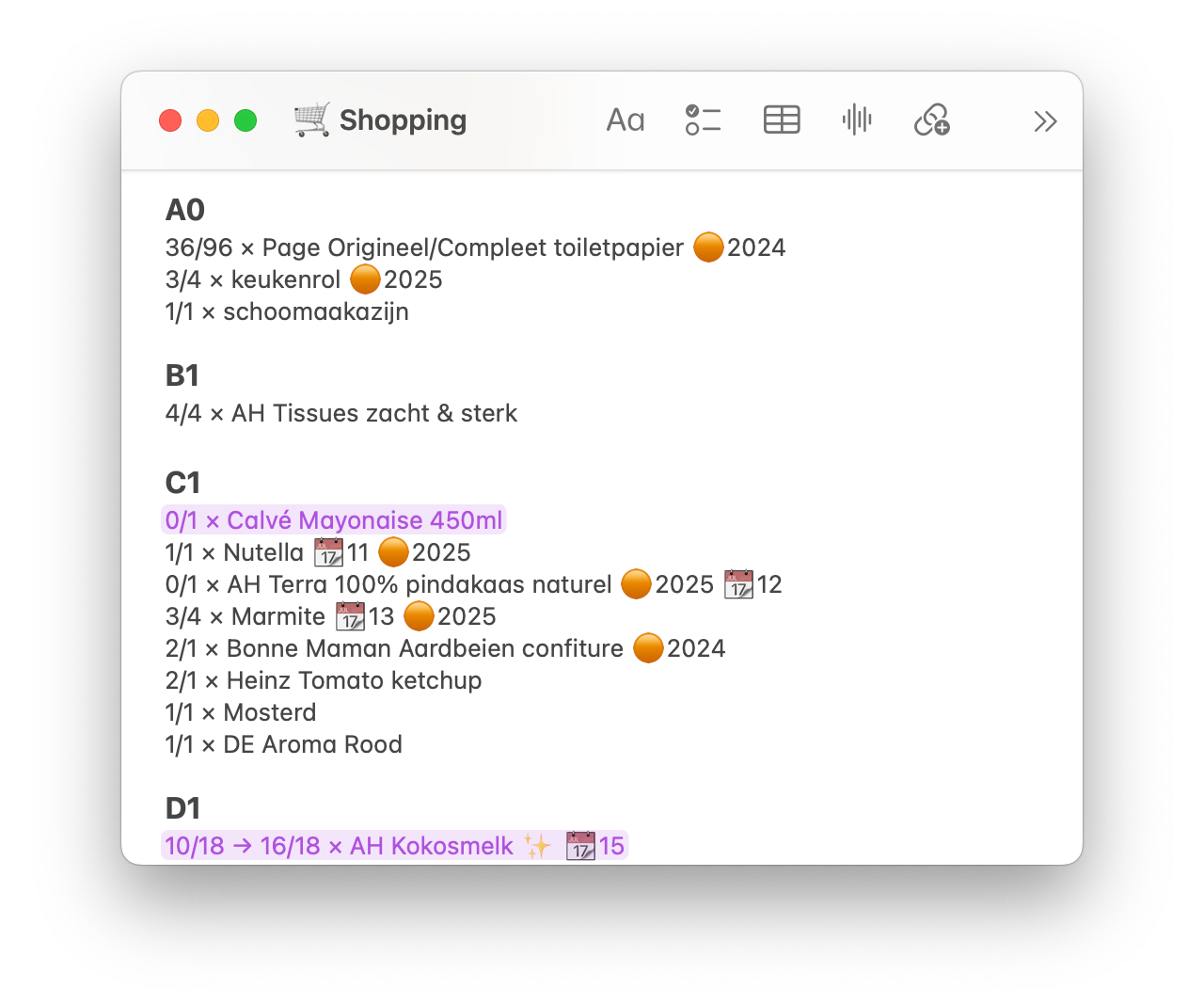 Home inventory management in Apple Notes on macOS