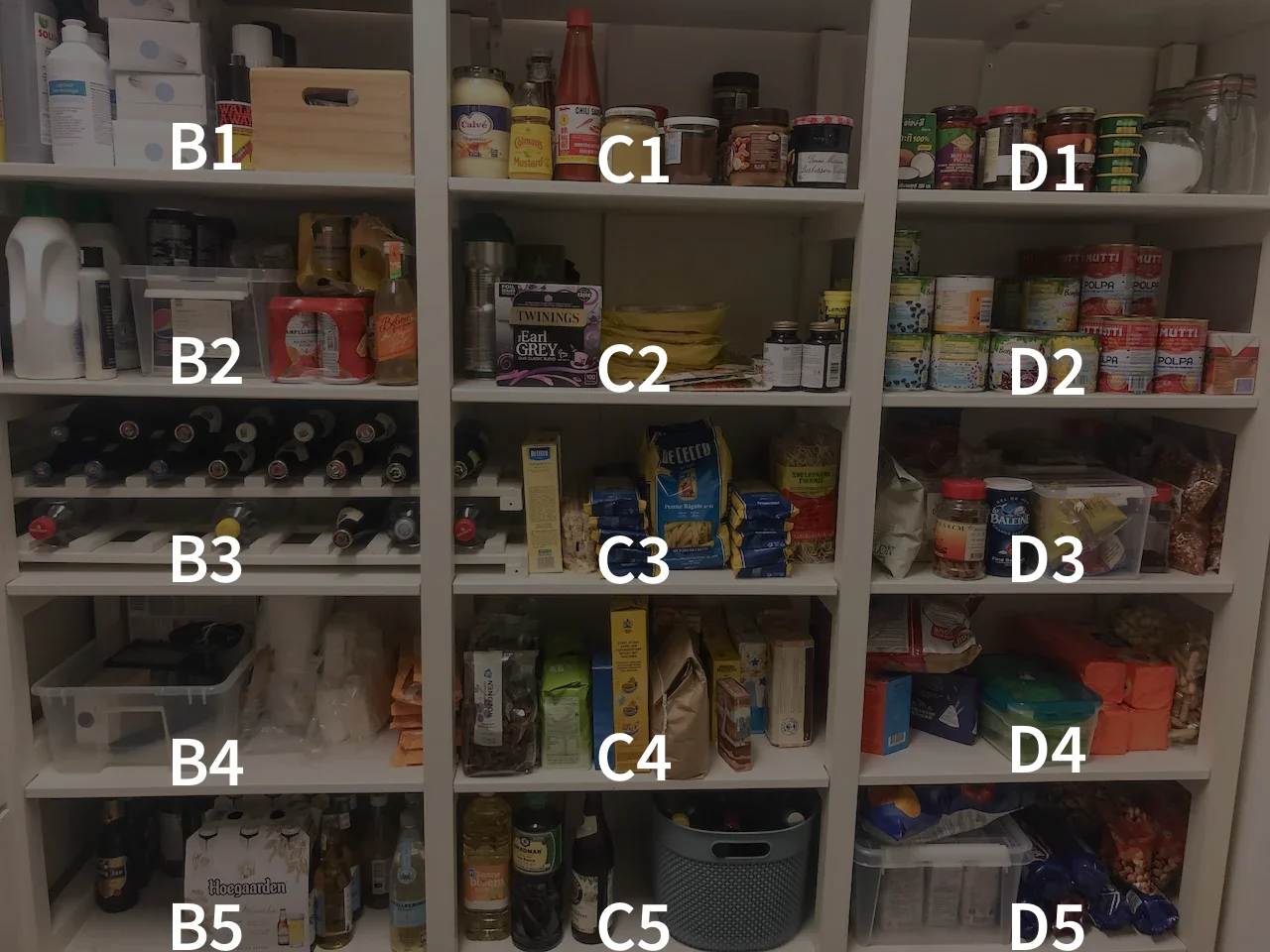 Spreadsheet-style shelf locations, such as ‘shelf B2’