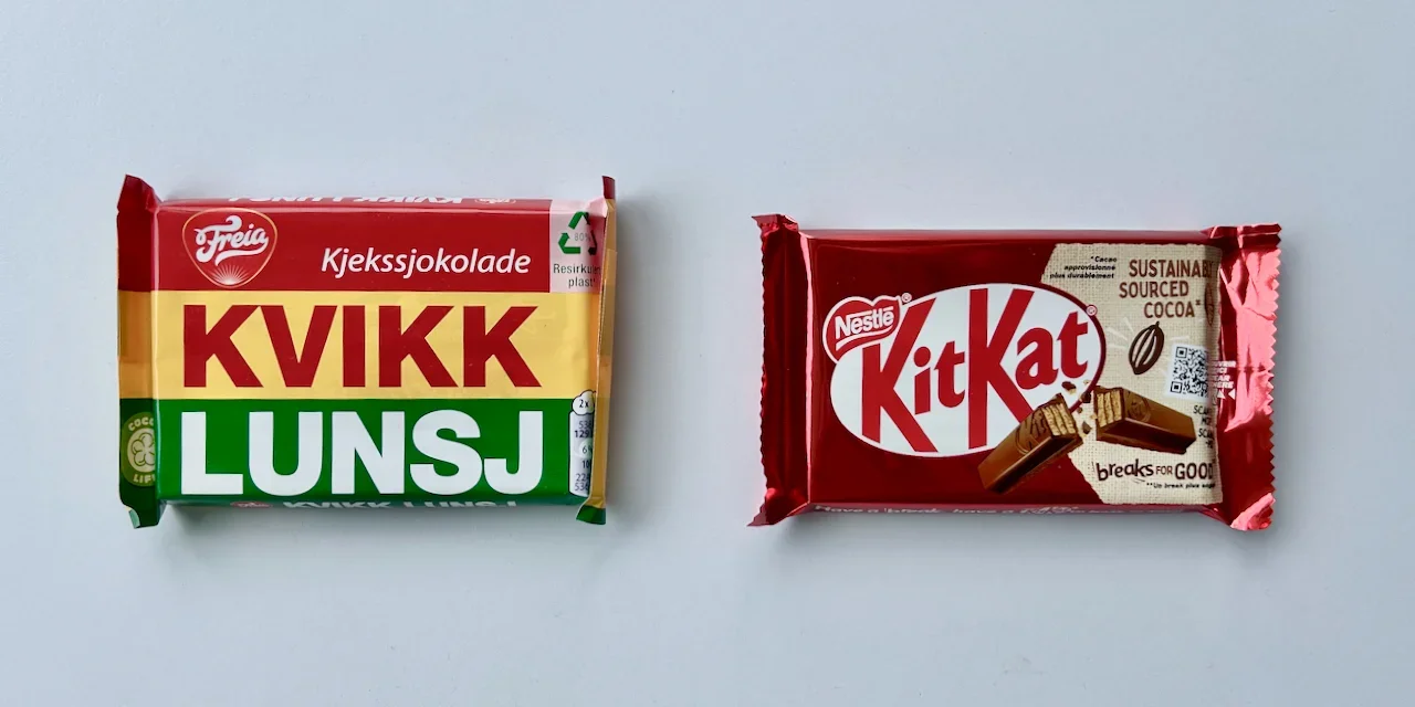 Bars of Kvikk Lunsj and Kit Kat, in their wrappers