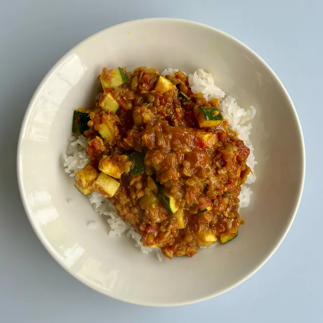 A bowl of mackerel curry with rice