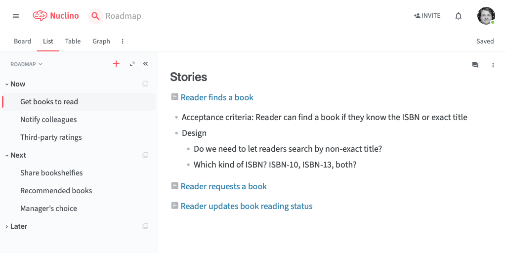 A list view, showing top-level ‘Now’, ‘Next’ and ‘Later’ collections