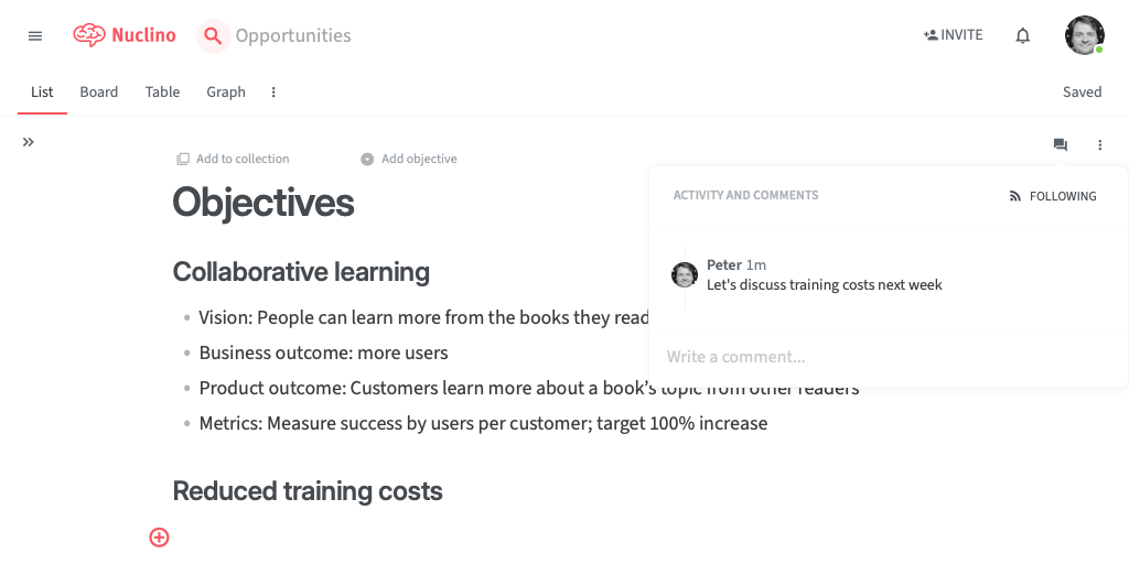 A Nuclino page, with the comments panel open