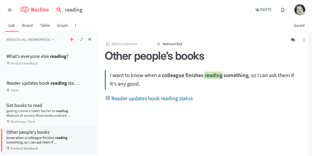 A search for the word ‘reading’, highlighted in search results and on the selected page