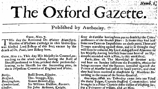 First edition of The Oxford Gazette