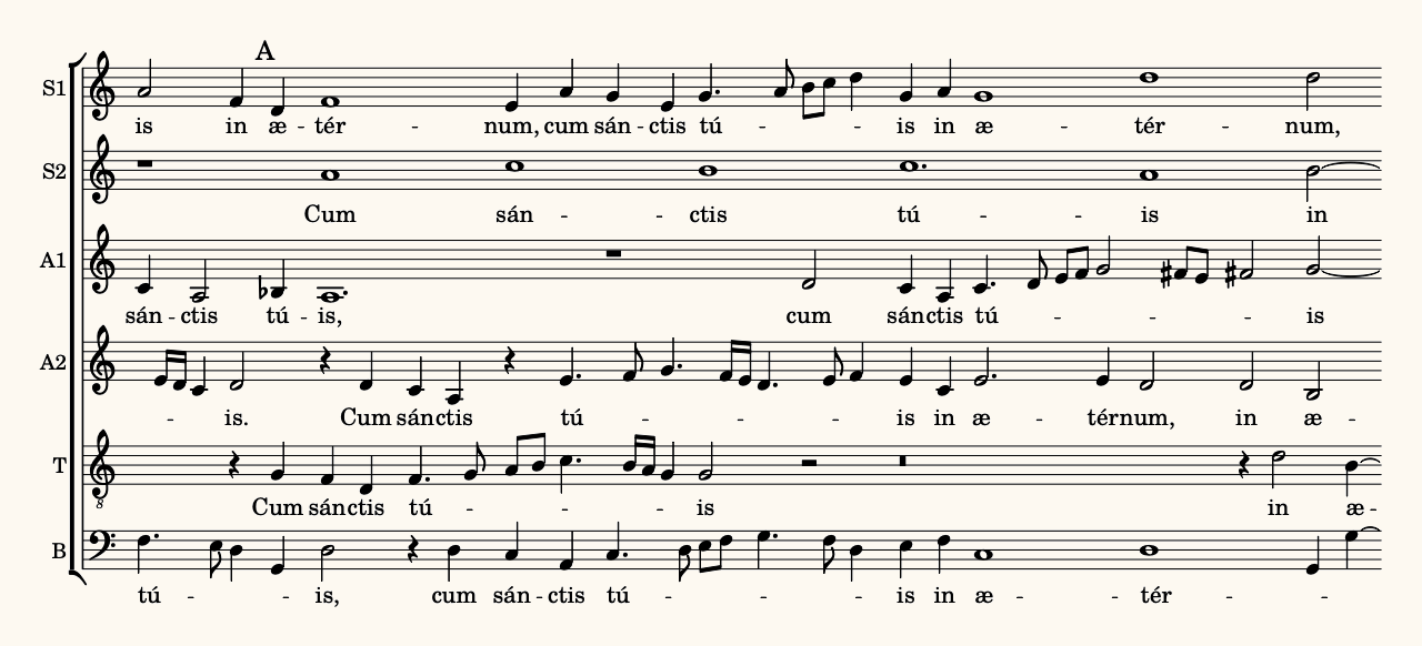 Excerpt from a renaissance polyphony score, with a rehearsal mark, and without bar lines