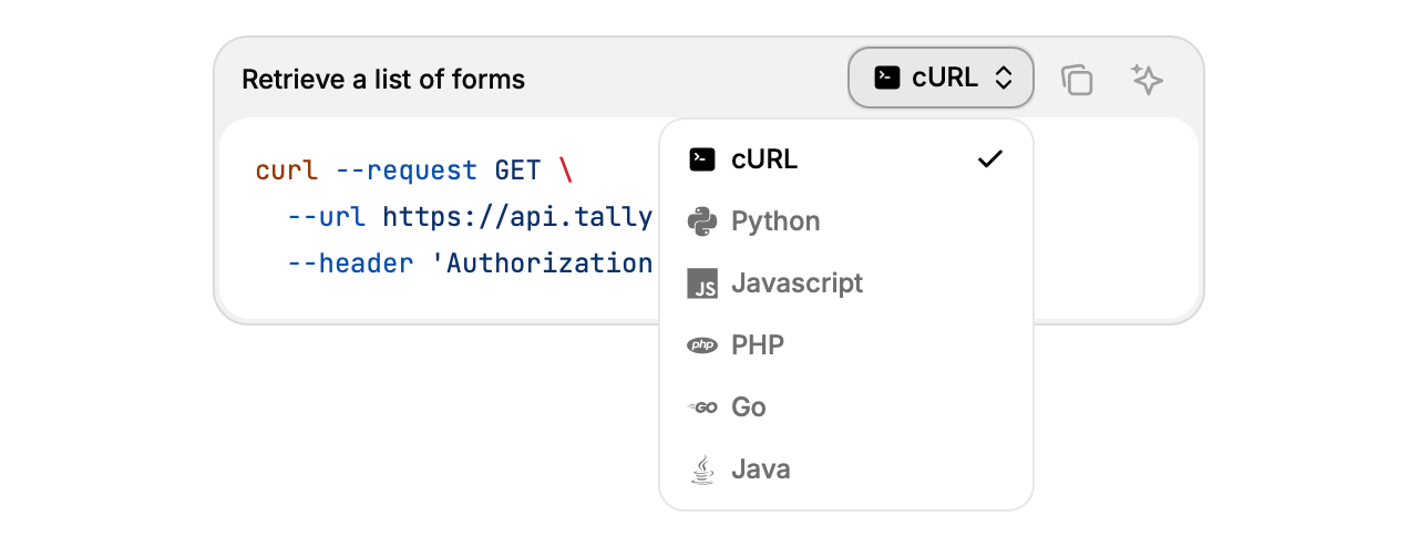 An API sample request, with an HTTP client selector