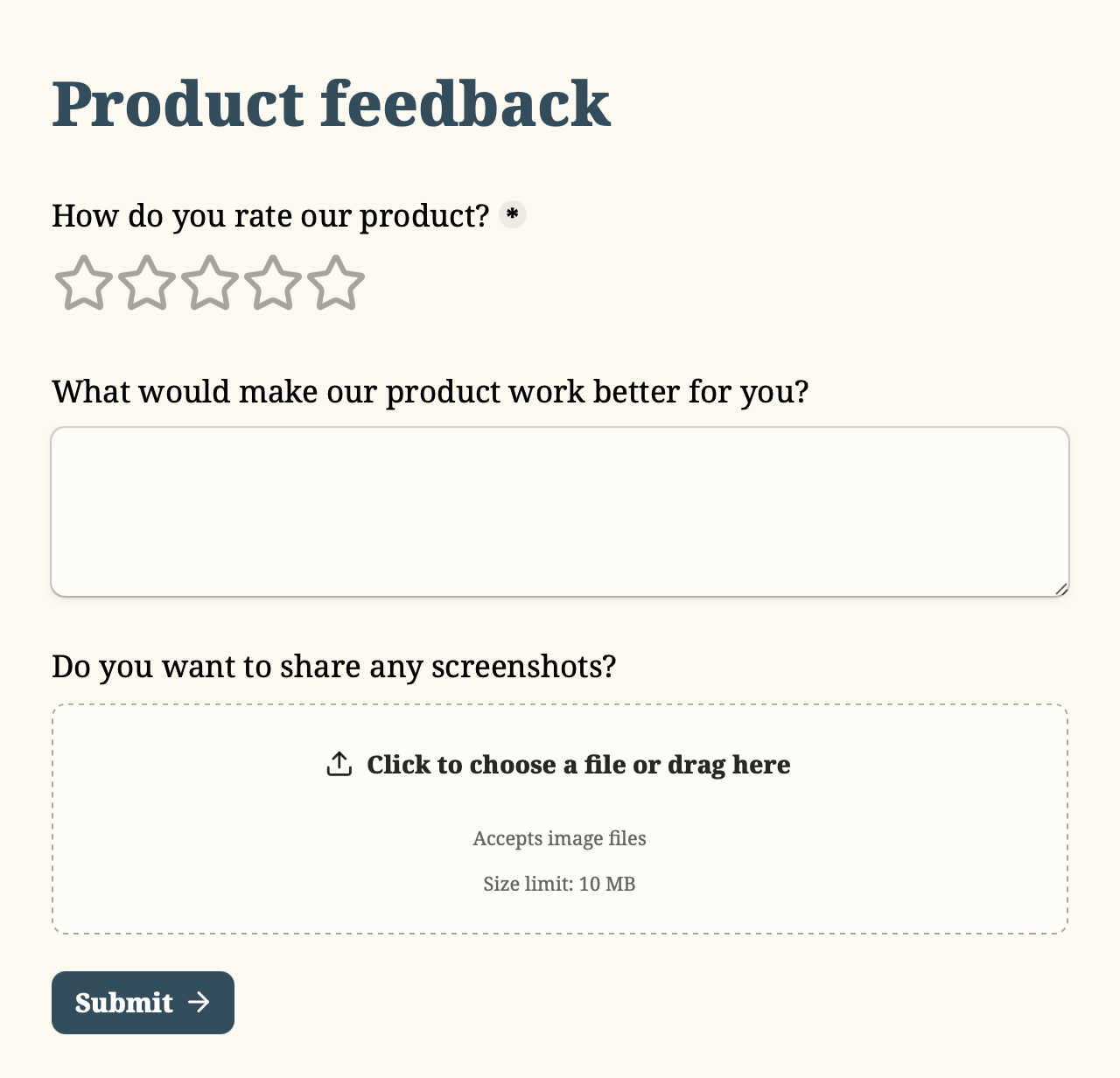 A product feedback form, built with Tally