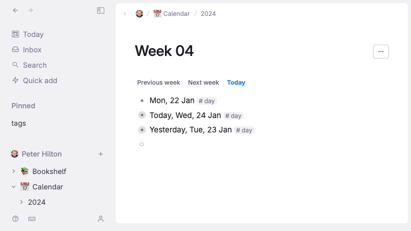 A week-based view of several daily pages, with dynamic titles