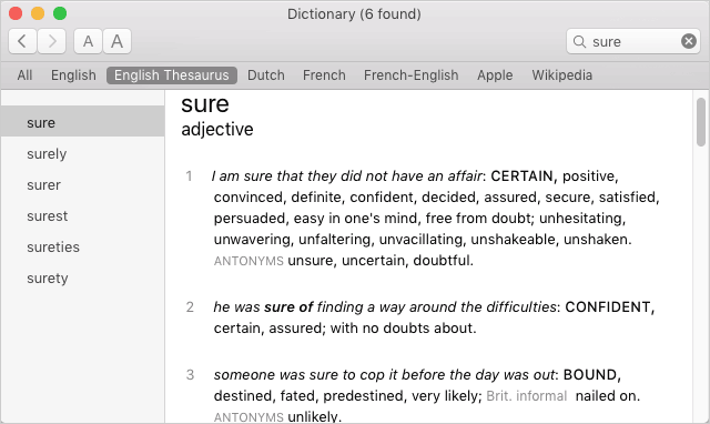 macOS dictionary and thesaurus