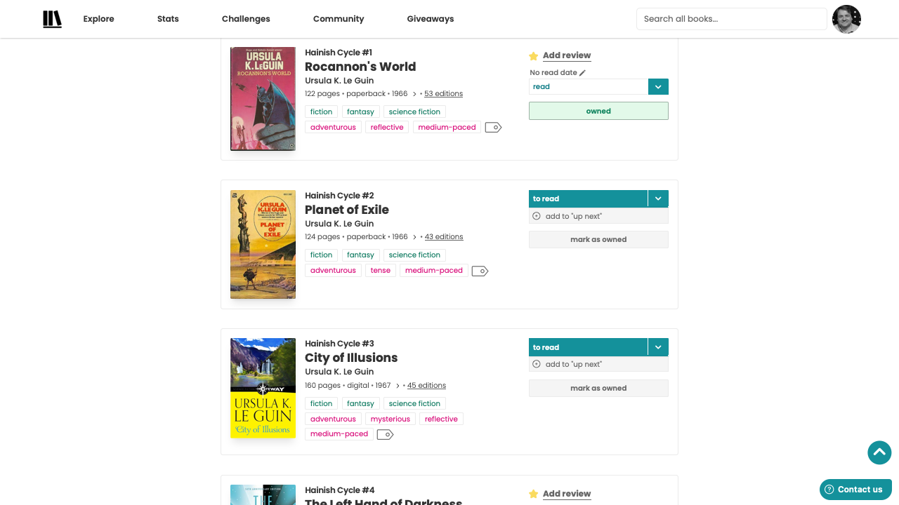 Books that appear in a series, in order, with owned/read books marked