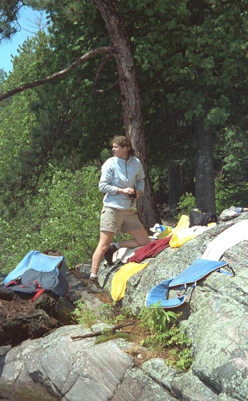 Algonquin Provincial Park, Canada: Fleur puts our wet stuff to dry in the sun after the rain