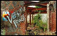 Vegan Power! Graffitied modern ruins by the Thames in Oxford, England